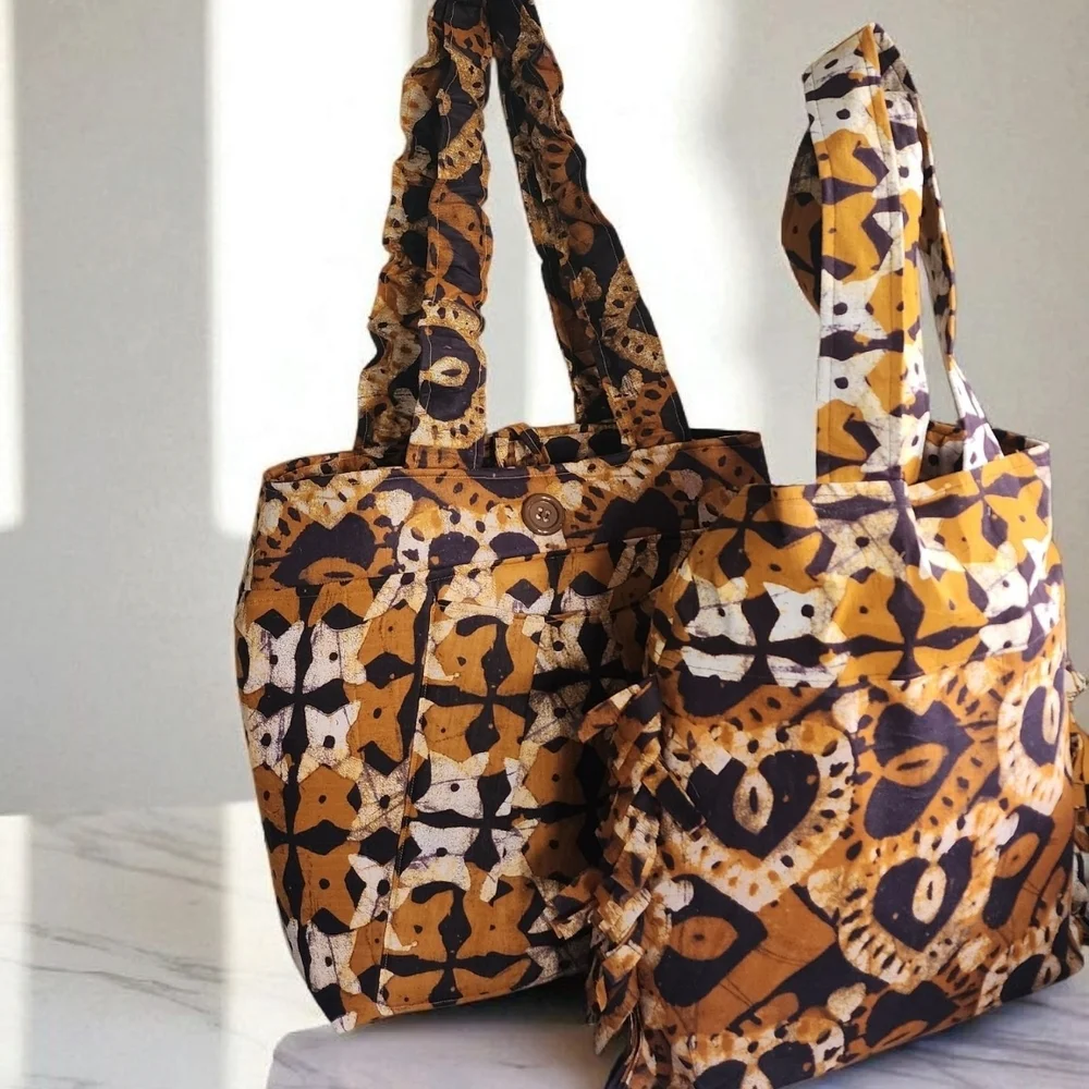 Yellow and Black Quilted Tote Bags with Geometric Patterns